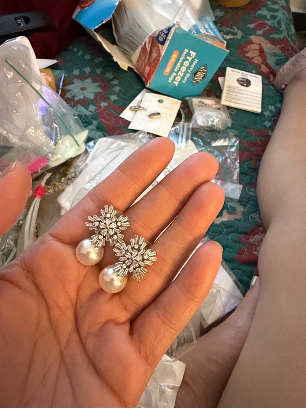 Crystal Snowflake Pearl Drop Earrings - Silver and White
